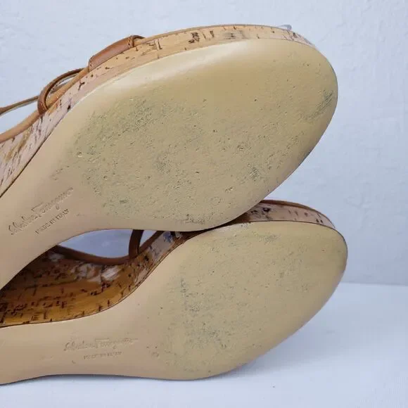 Salvatore Ferragamo Platform Cork Wedges Brown Leather SandalsItaly